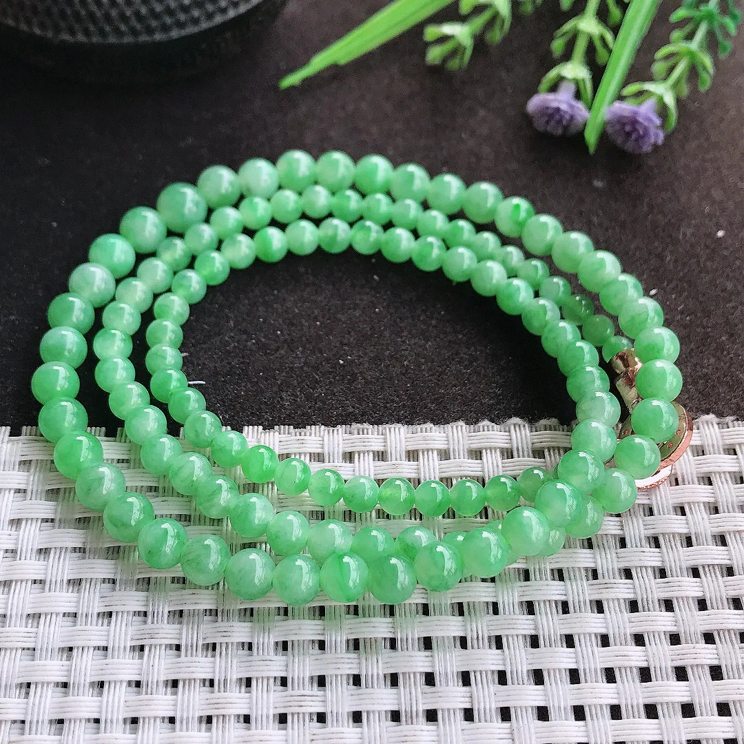 实拍A货翡翠4.1/7.5/113颗老坑冰胶满绿阳绿塔珠项链手链翡翠玉珠圆珠手链