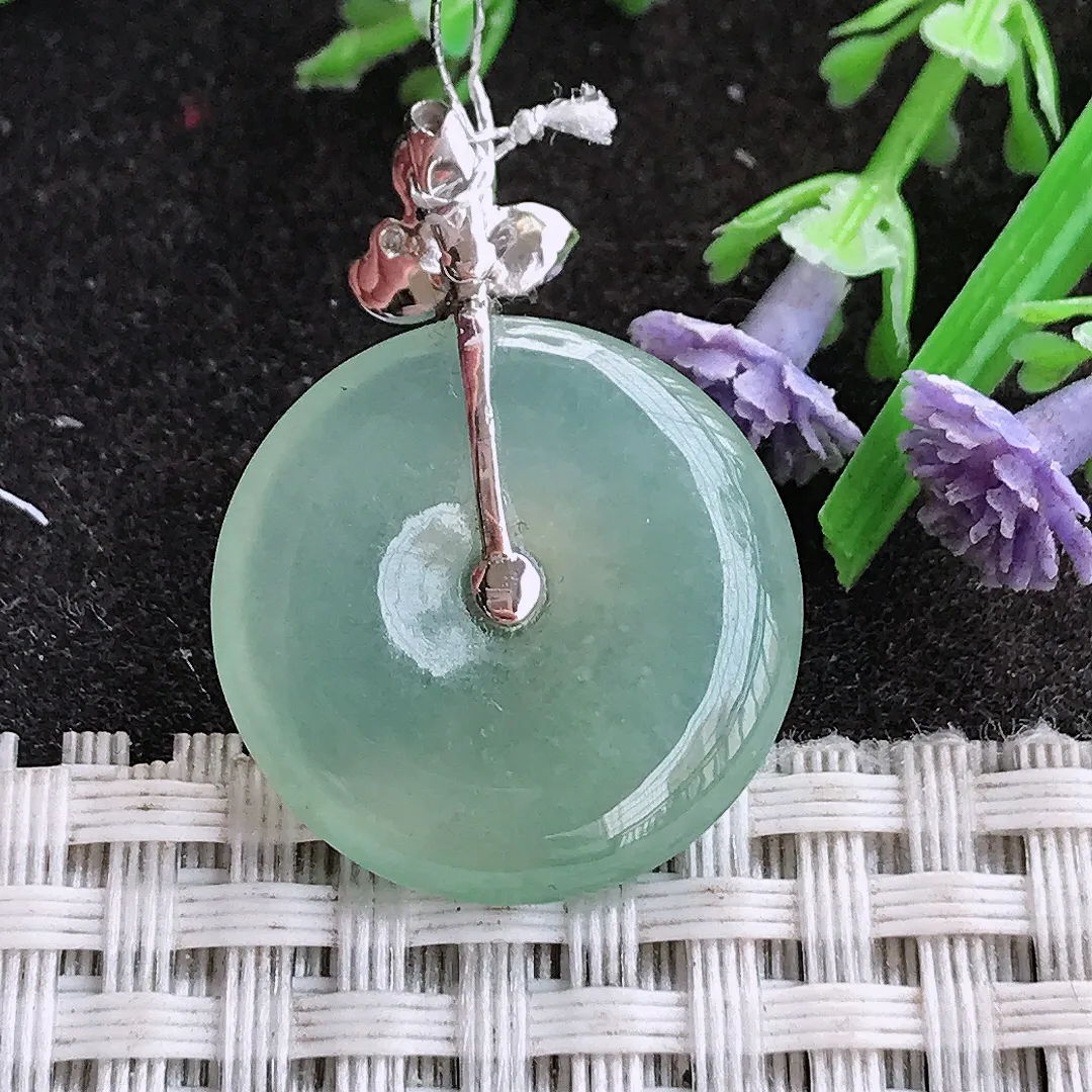 实拍A货翡翠21.4/4.5老坑18k金镶嵌冰种冰晴平安扣吊坠翡翠挂件