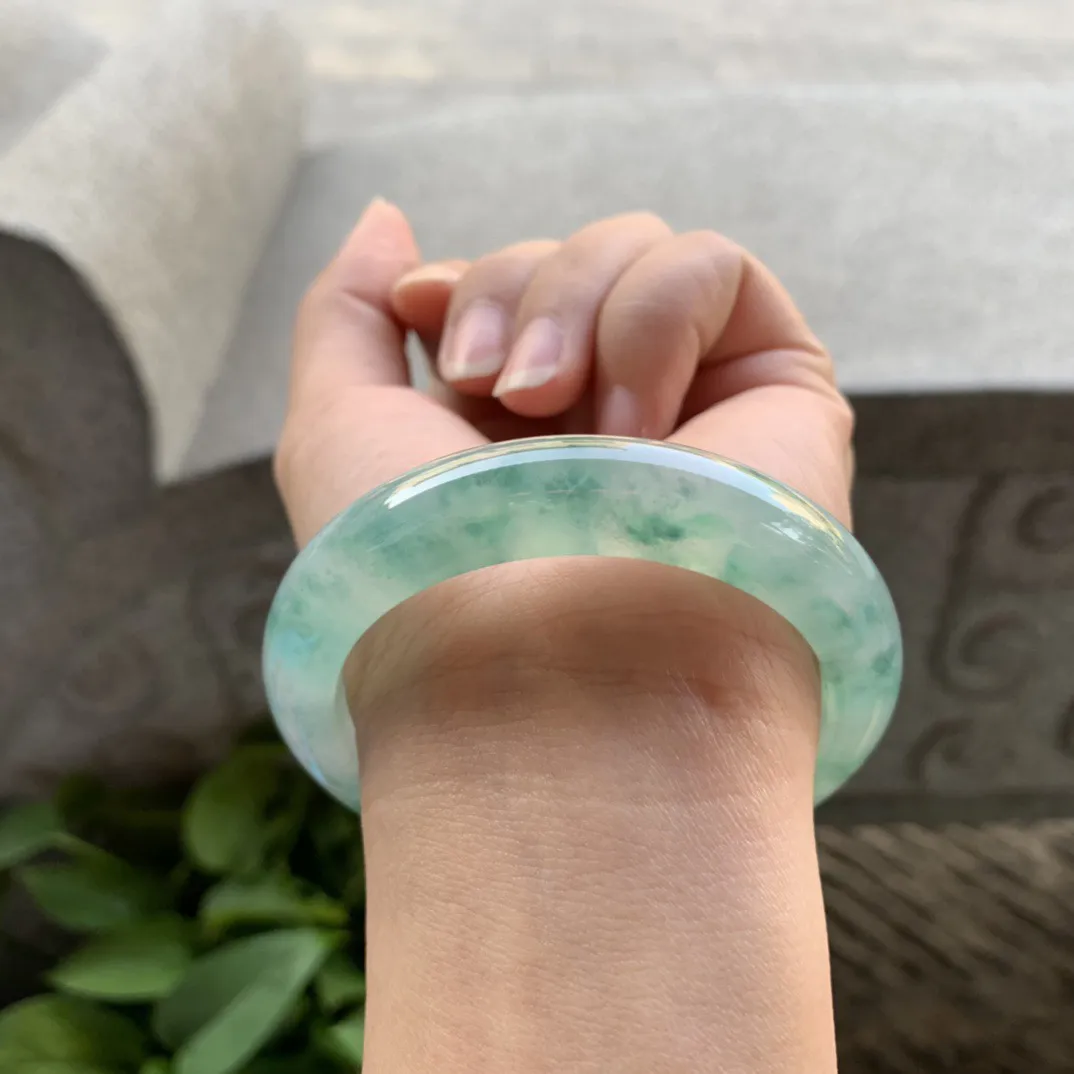 小圈口53.8-12-8.5 【冰种飘绿花正圈手镯】正圈53 54可戴