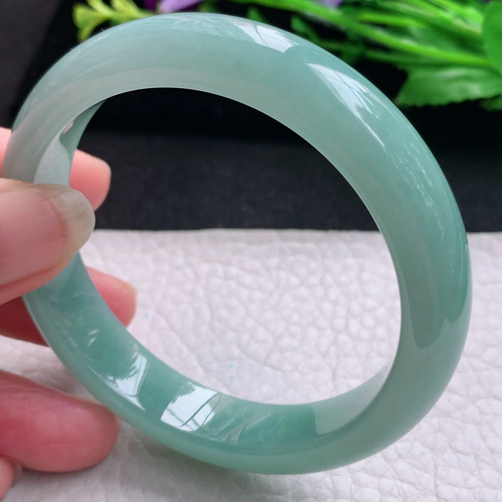 js实拍56*12.5*7.8平安镯 天然缅甸翡翠冰胶蓝韵水润玉手镯 宽边玉手环