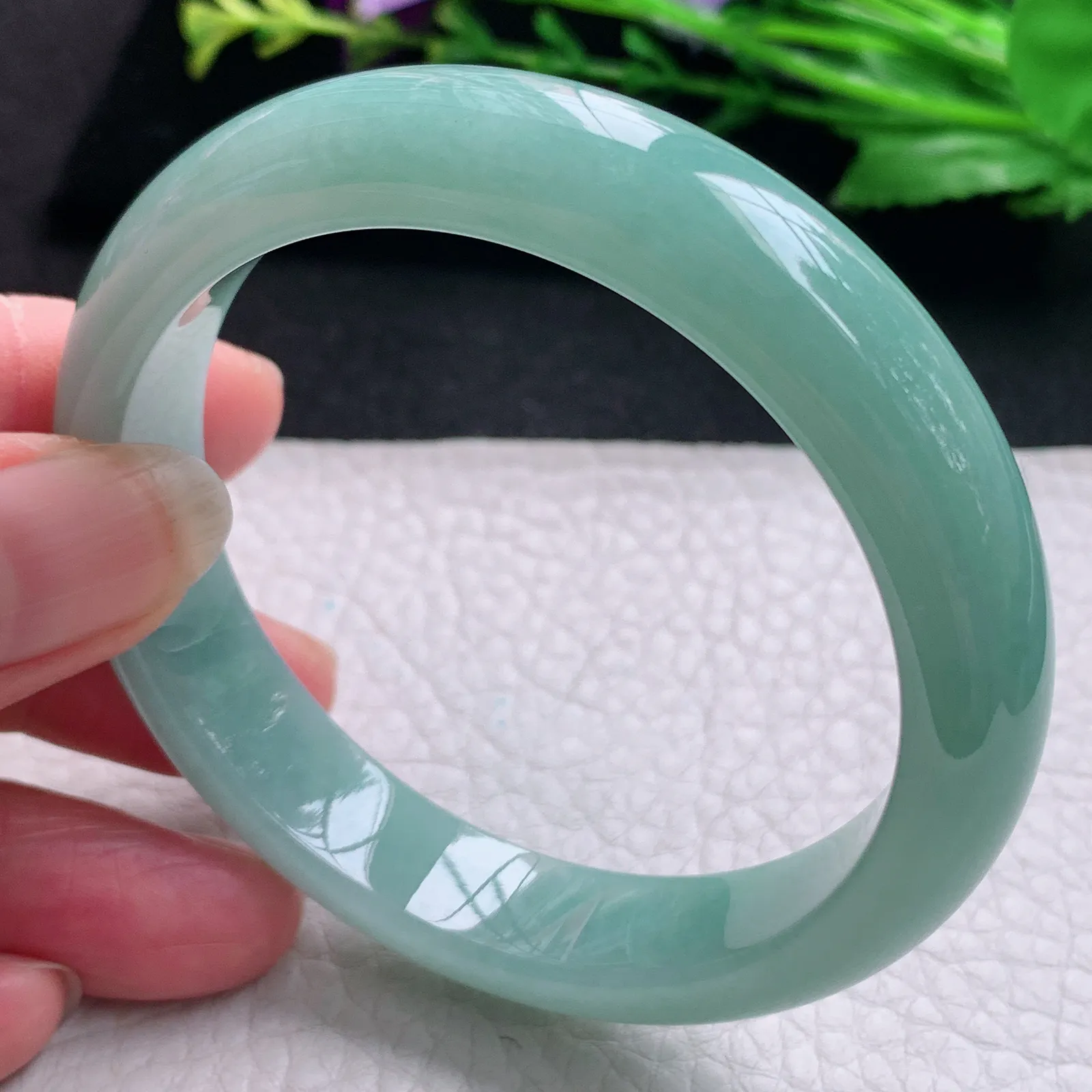 js实拍56*12.5*7.8平安镯 天然缅甸翡翠冰胶蓝韵水润玉手镯 宽边玉手环