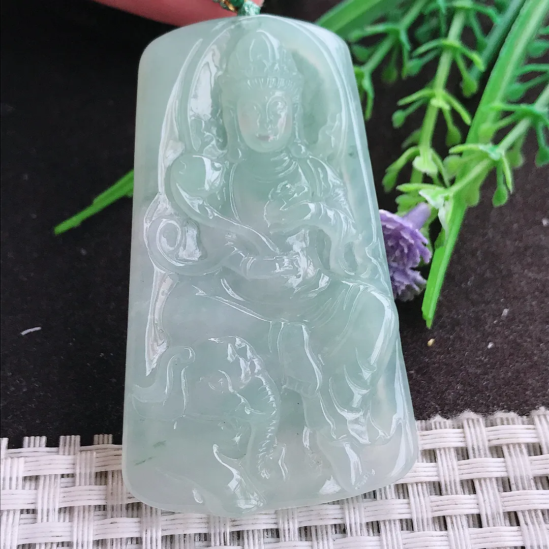 实拍A货翡翠59/36.2/6老坑冰胶果冻冰晴绿普贤菩萨吊坠翡翠挂件