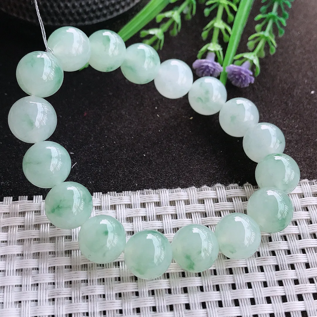 实拍A货翡翠12.1/17颗老坑冰胶果冻冰飘花圆珠手链玉珠手串男款女款
