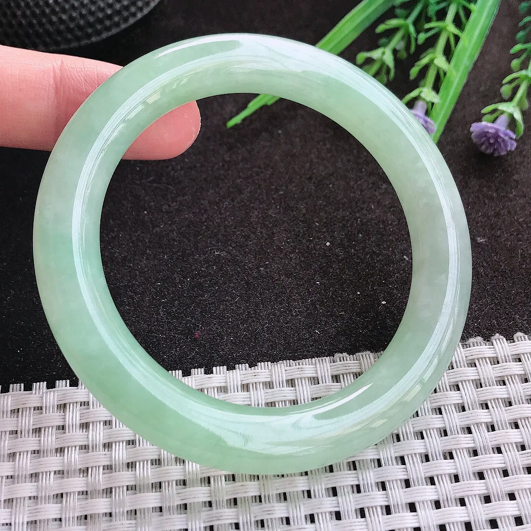 实拍A货翡翠56/10.1/10.3老坑冰胶果冻冰晴甜绿圆条手镯翡翠玉镯女款