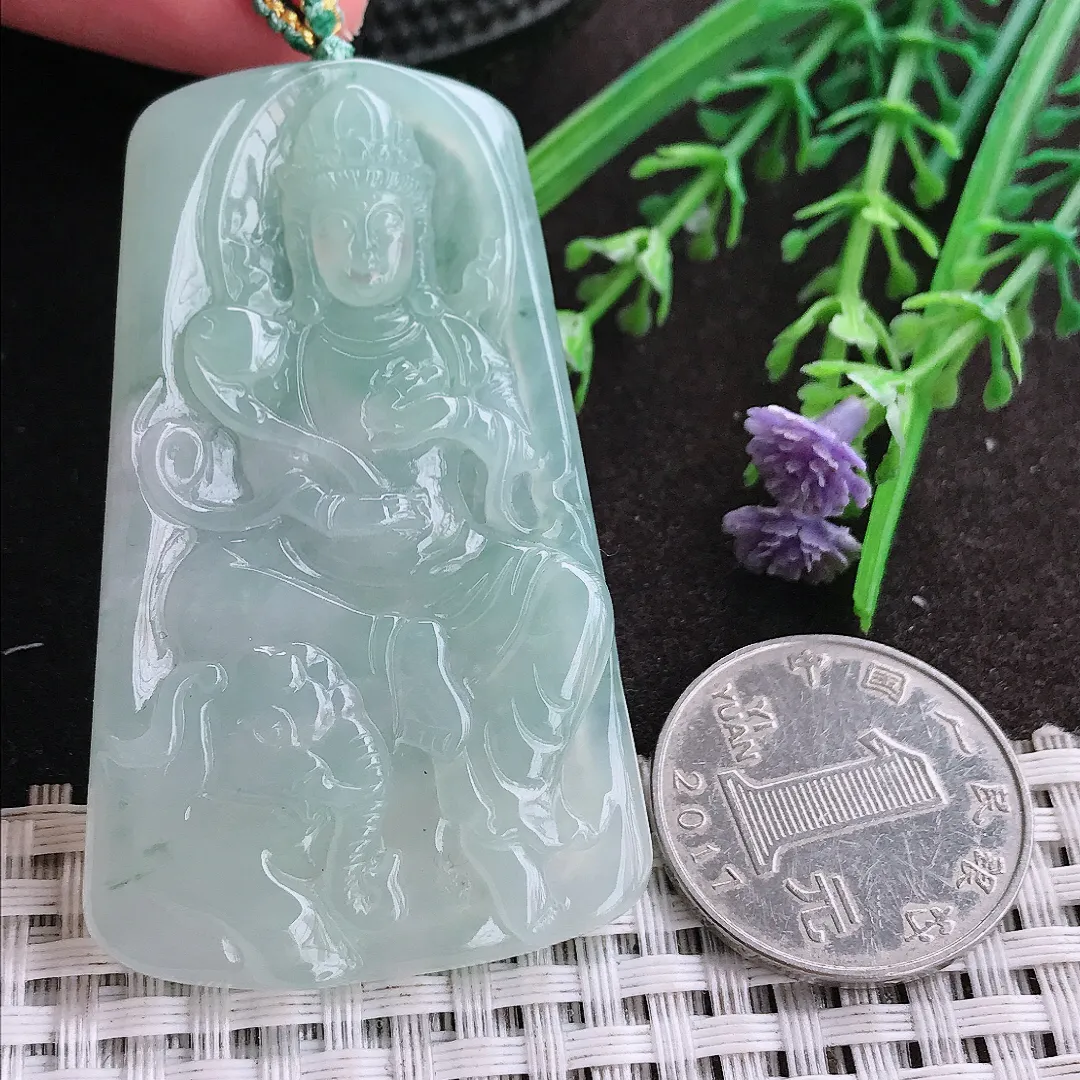 实拍A货翡翠59/36.2/6老坑冰胶果冻冰晴绿普贤菩萨吊坠翡翠挂件