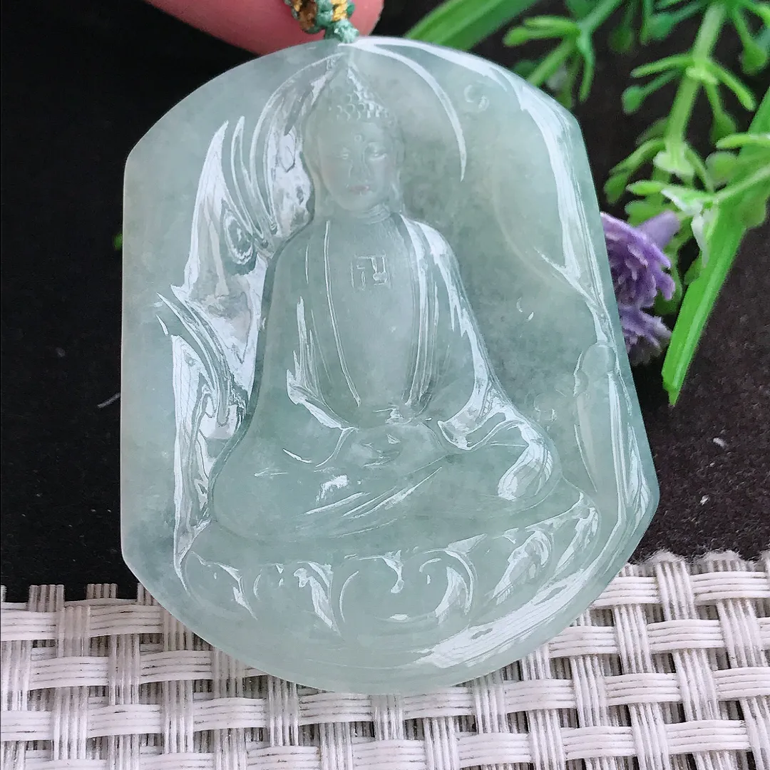 实拍A货翡翠51.3/43.7/4.8老坑冰胶水灵冰晴大日如来佛祖吊坠翡翠挂件