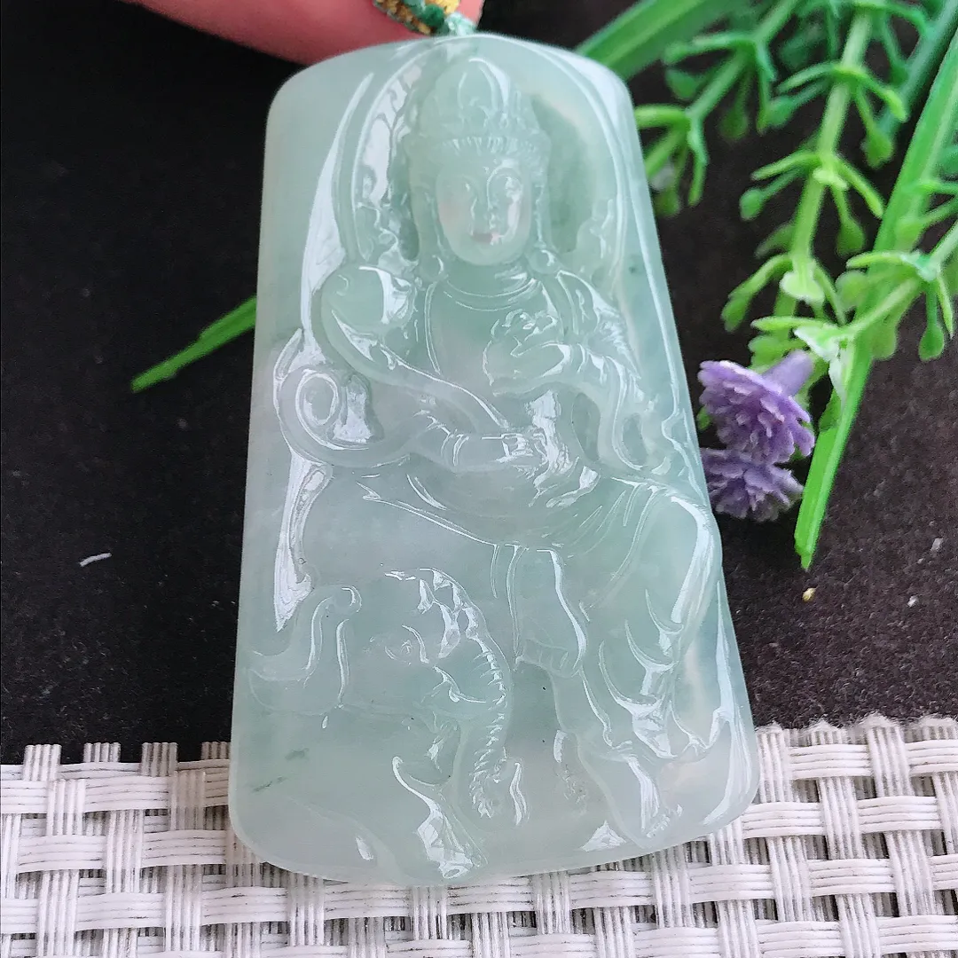实拍A货翡翠59/36.2/6老坑冰胶果冻冰晴绿普贤菩萨吊坠翡翠挂件