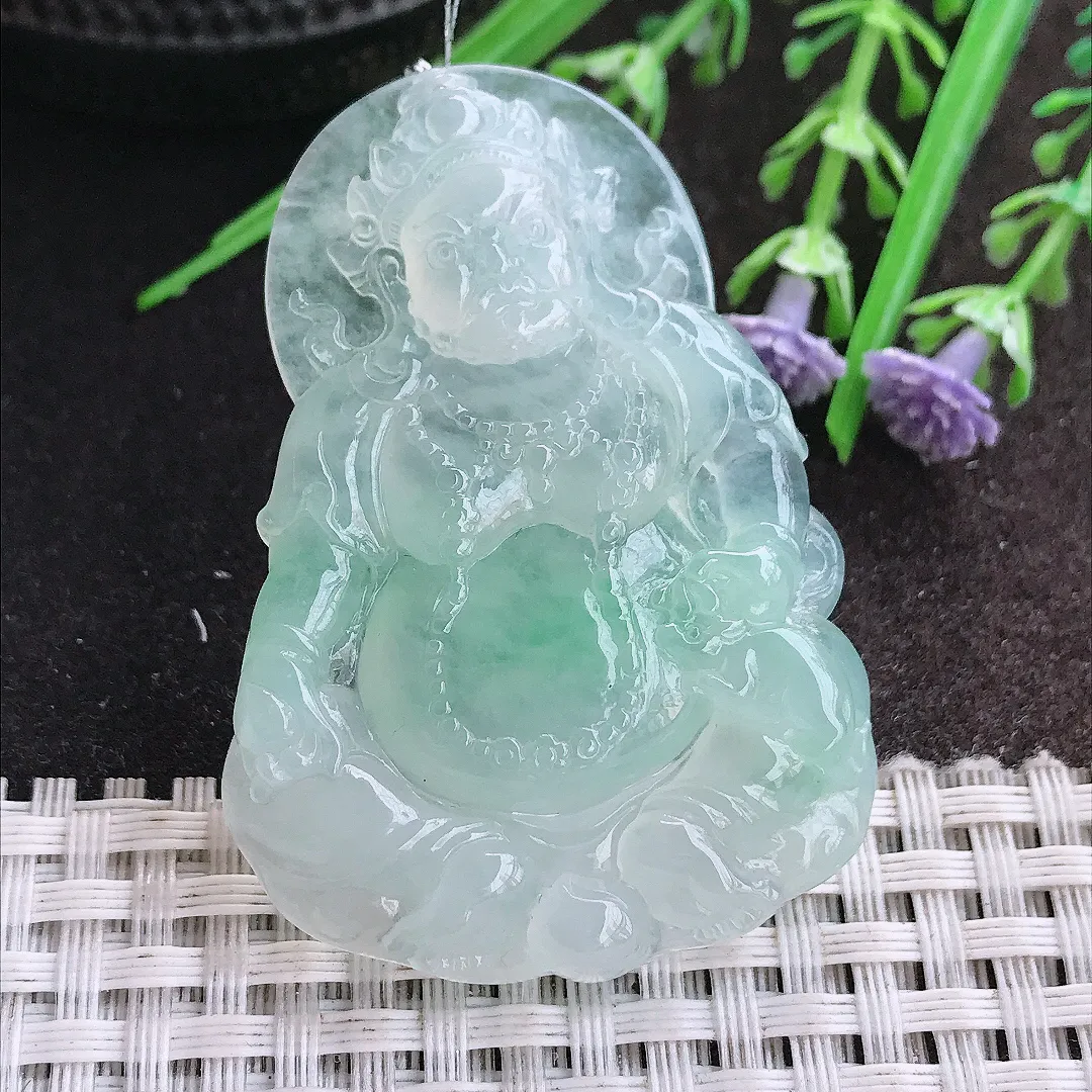 实拍A货翡翠62.8/37.8/7.2老坑冰胶果冻冰晴飘绿黄财神吊坠翡翠挂件