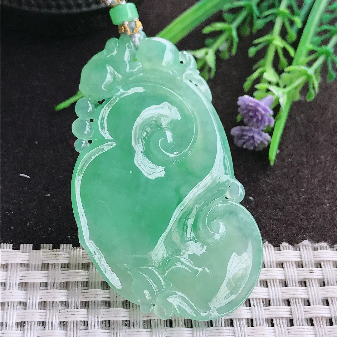 实拍A货翡翠60/35.3/7.2老坑冰胶果冻冰晴满绿大如意吊坠翡翠挂件毛衣链