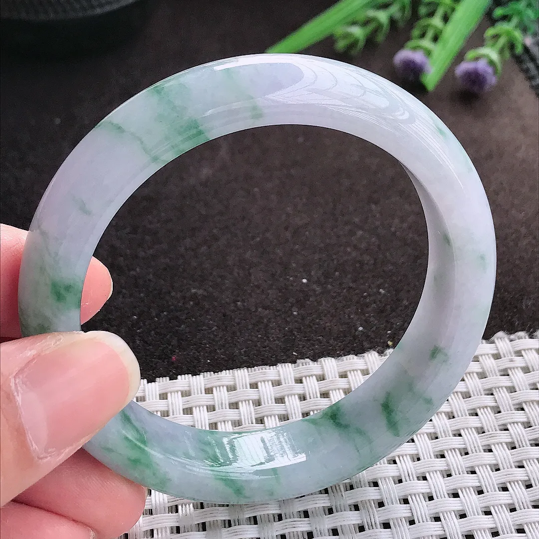 实拍A货翡翠56/13.2/8.5老坑冰胶水灵紫罗兰飘花手镯宽边翡翠玉镯女款