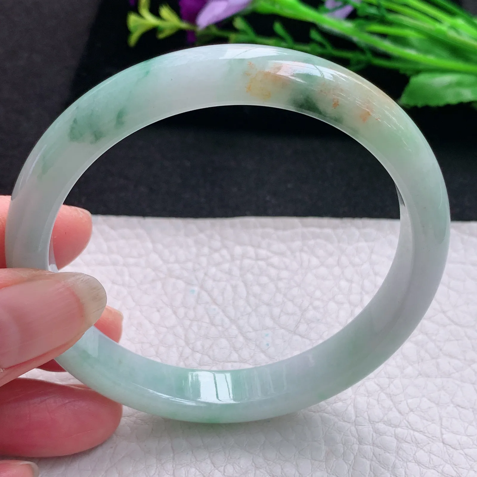 js大圈口61*11*7.3平安镯 天然缅甸翡翠三彩水润玉手镯 宽边玉手环