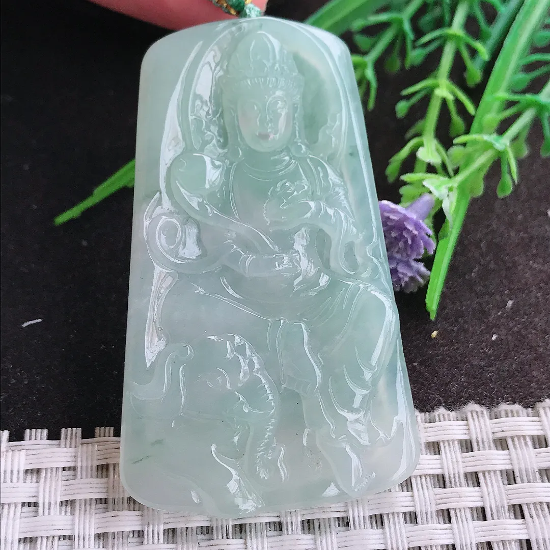 实拍A货翡翠59/36.2/6老坑冰胶果冻冰晴绿普贤菩萨吊坠翡翠挂件