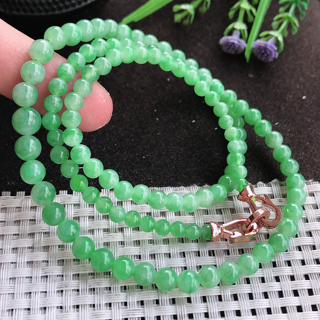 实拍A货翡翠4.1/7.5/113颗老坑冰胶满绿阳绿塔珠项链手链翡翠玉珠圆珠手链