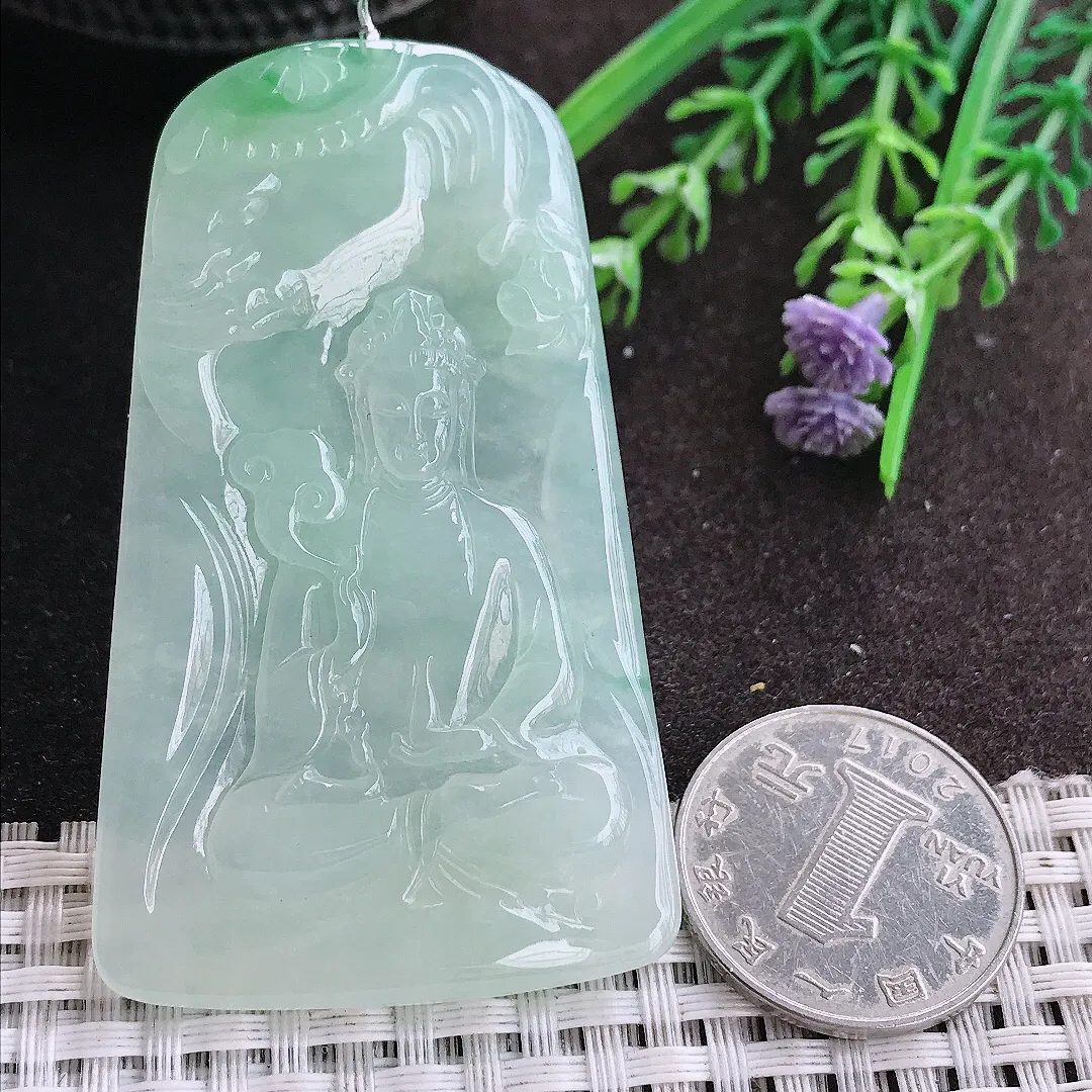 实拍A货翡翠65.5/39/5.9老坑冰胶果冻冰晴甜绿普贤菩萨吊坠翡翠挂件