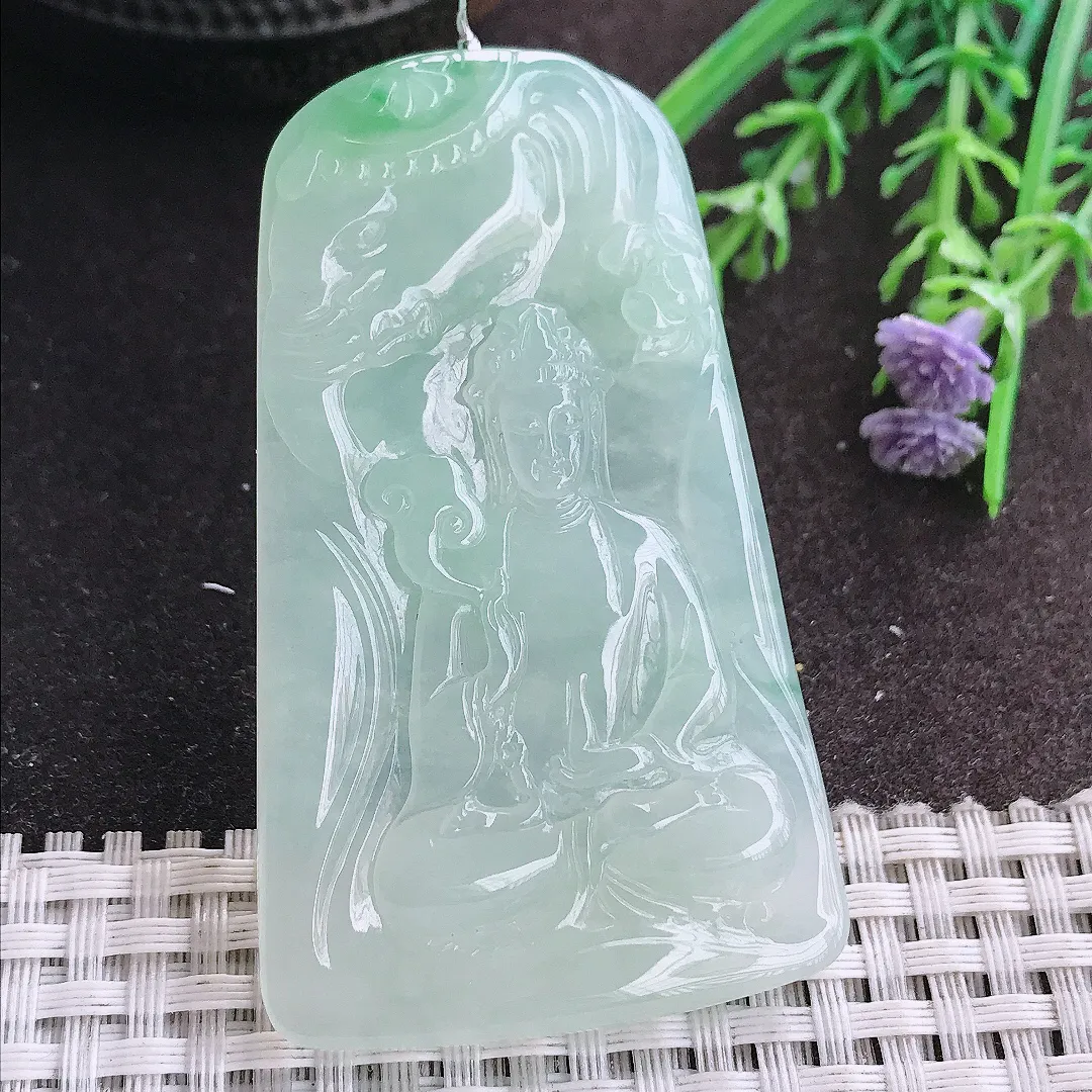 实拍A货翡翠65.5/39/5.9老坑冰胶果冻冰晴甜绿普贤菩萨吊坠翡翠挂件