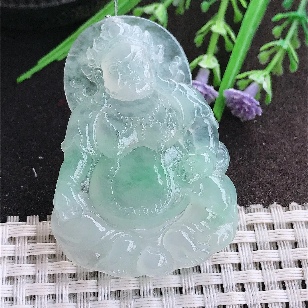 实拍A货翡翠62.8/37.8/7.2老坑冰胶果冻冰晴飘绿黄财神吊坠翡翠挂件