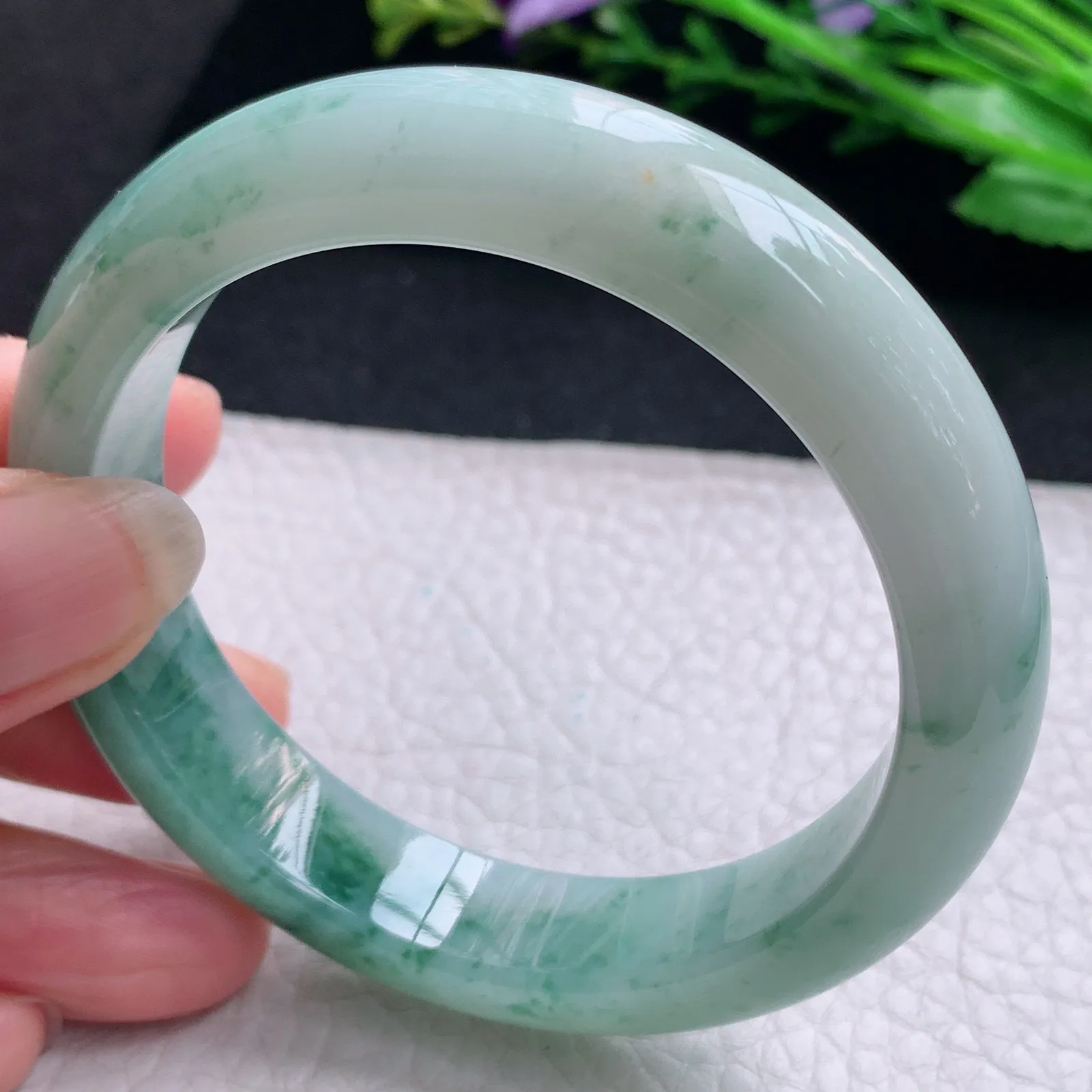 ym实拍56.8*12.8*8.6平安镯 天然缅甸翡翠飘花玉手镯灵动宽边玉手环