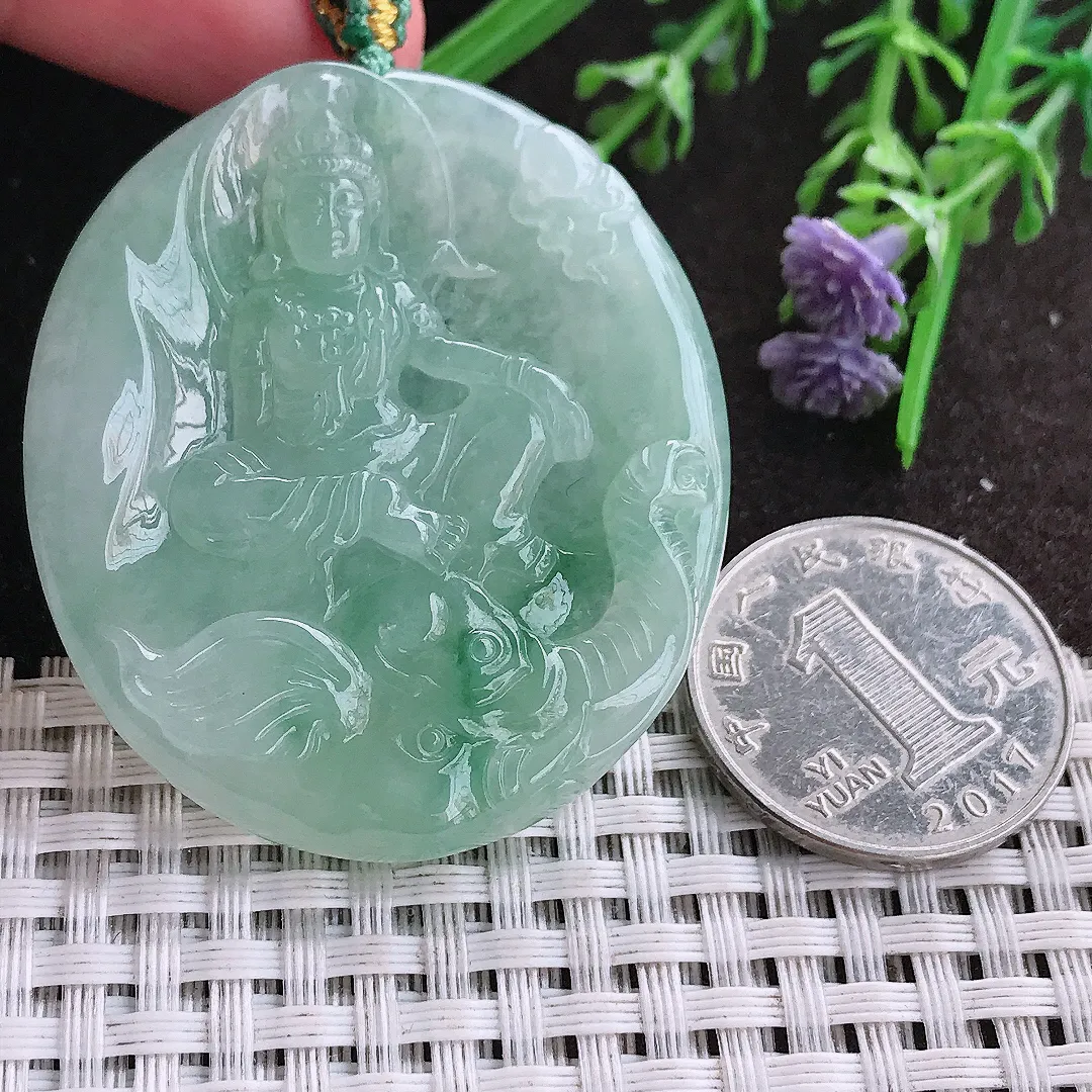 实拍A货翡翠48/42.3/6老坑冰胶水灵冰晴甜绿普贤菩萨吊坠翡翠挂件
