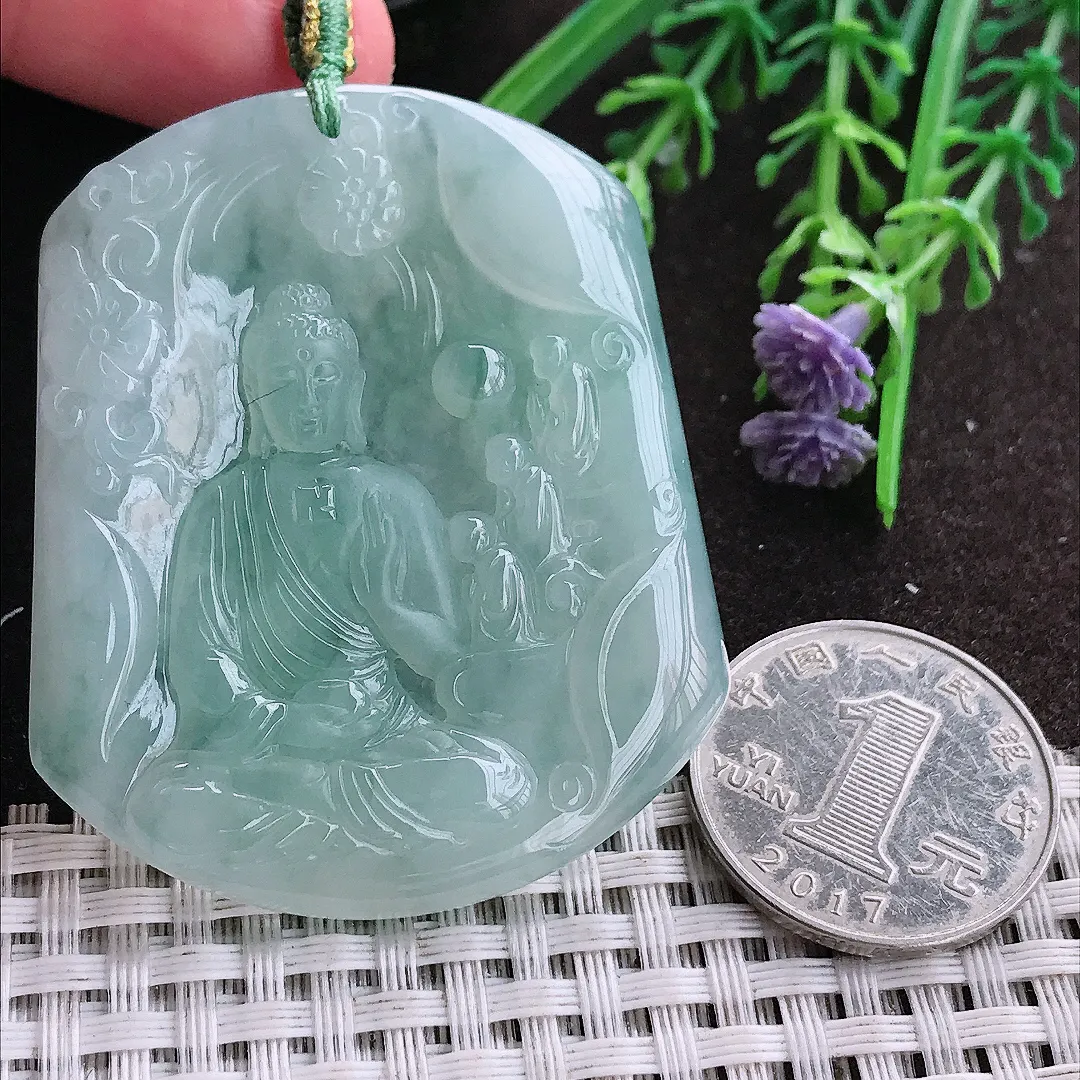 实拍A货翡翠53.5/44.8/5.5老坑冰胶果冻冰晴万佛朝宗阿弥陀佛吊坠翡翠挂件