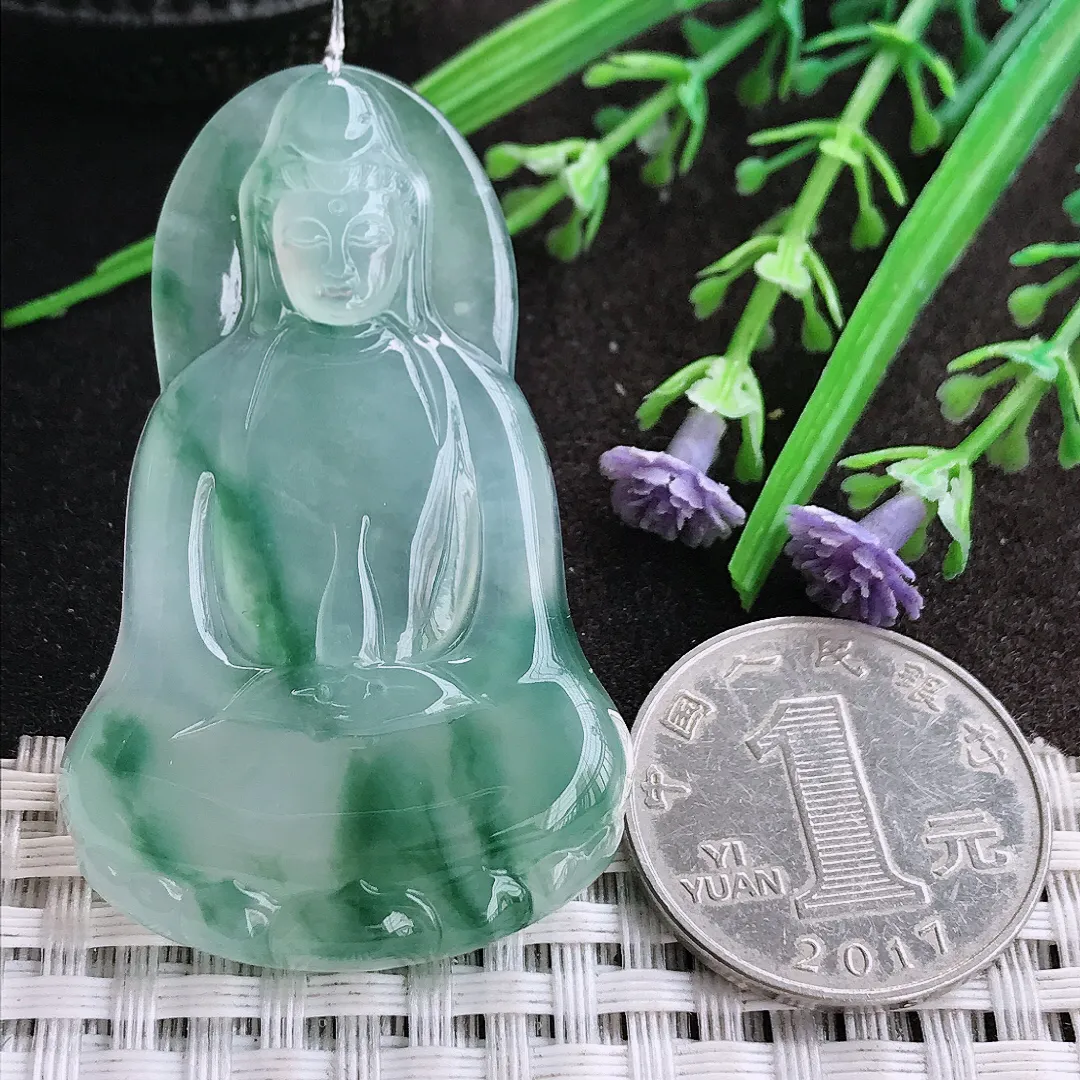 实拍A货翡翠51.5/33/5.8老坑冰种果冻胶冰飘花素衣观音吊坠翡翠玉观音挂件