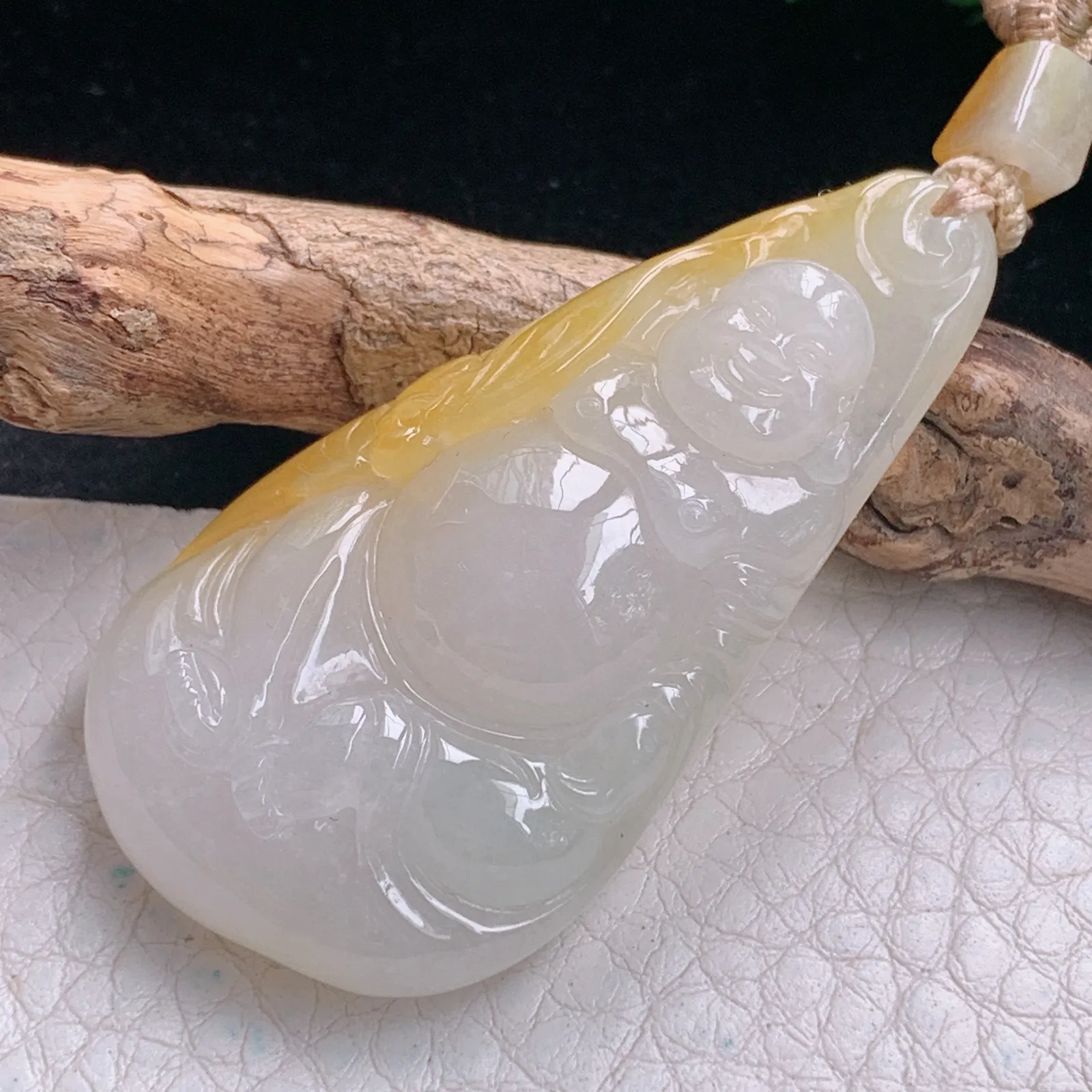 cys实拍48.6*26*9.2缅甸翡翠精雕冰胶双彩逍遥佛 开心佛玉吊坠