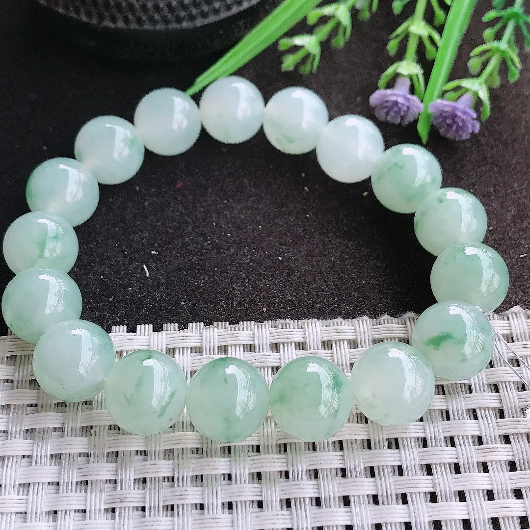 实拍A货翡翠12.1/17颗老坑冰胶果冻冰飘花圆珠手链玉珠手串男款女款