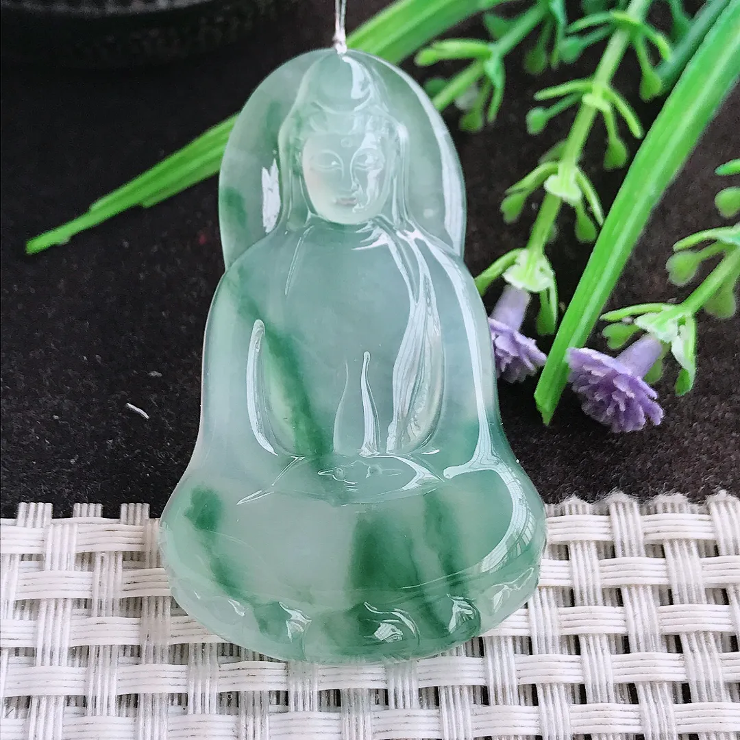 实拍A货翡翠51.5/33/5.8老坑冰种果冻胶冰飘花素衣观音吊坠翡翠玉观音挂件