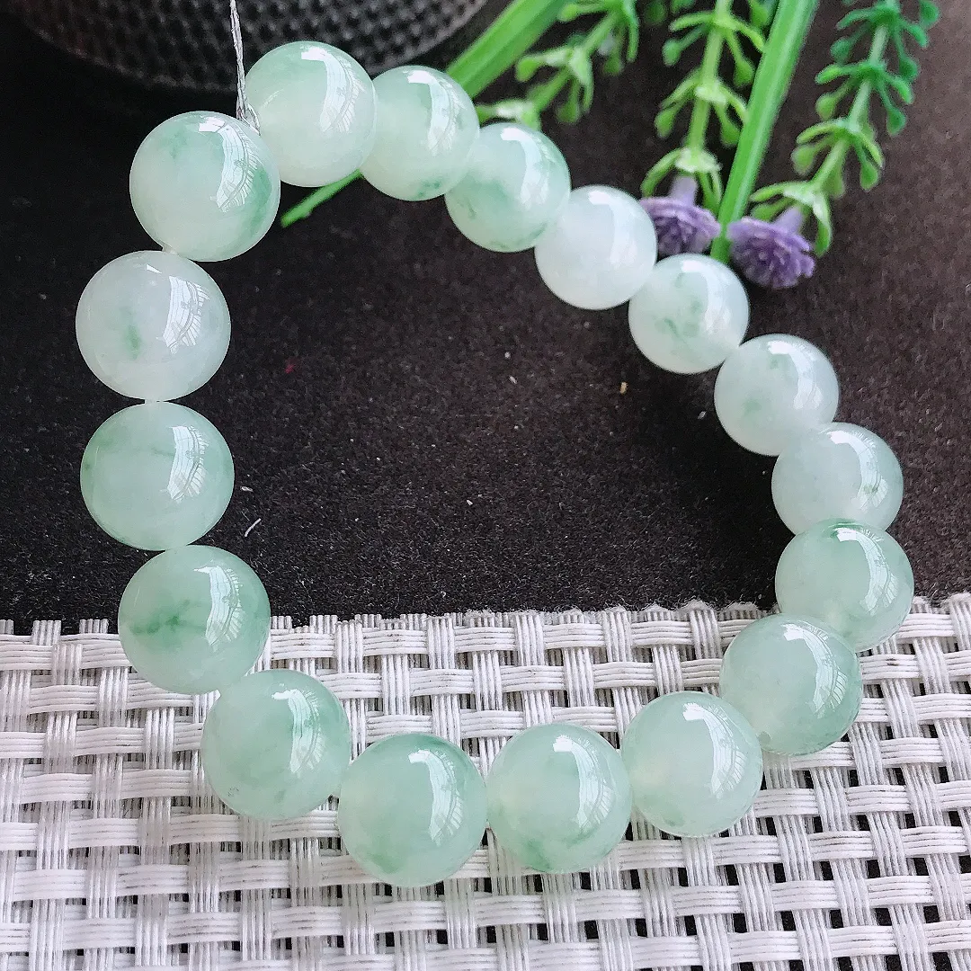 实拍A货翡翠12.1/17颗老坑冰胶果冻冰飘花圆珠手链玉珠手串男款女款