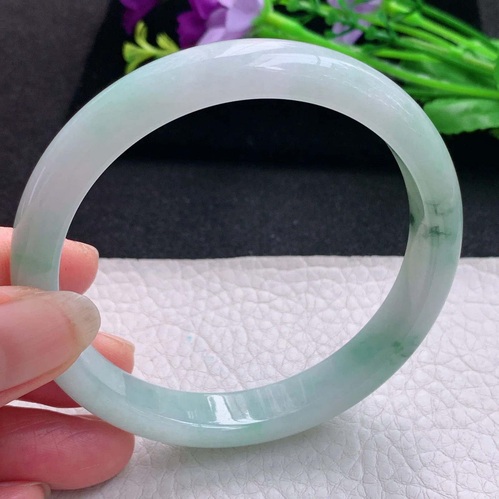 js大圈口61*11*7.3平安镯 天然缅甸翡翠三彩水润玉手镯 宽边玉手环