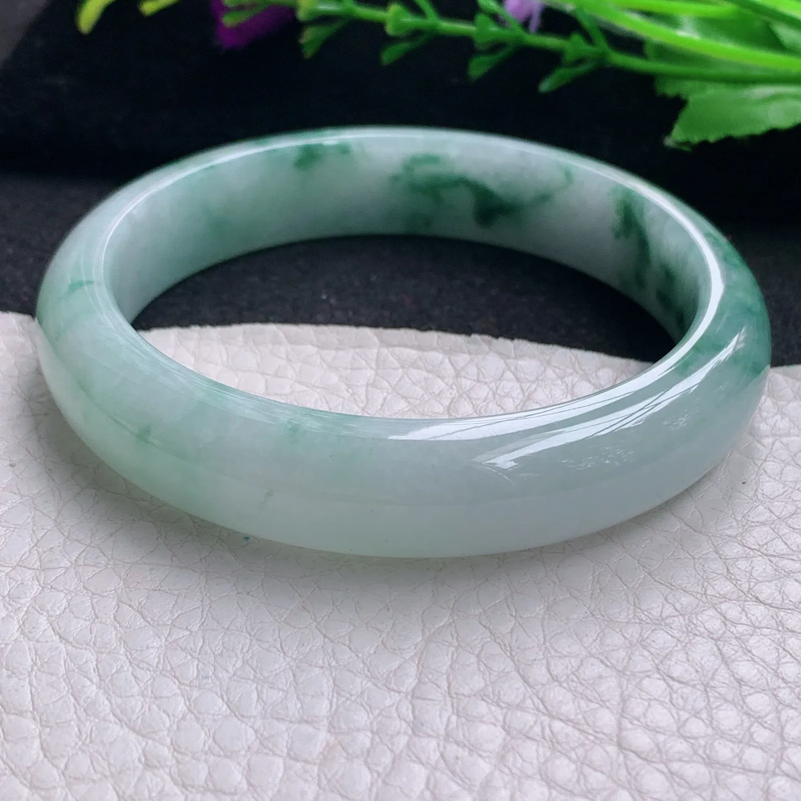 nr大圈口60*13*7.8平安镯 天然缅甸翡翠飘花灵动玉手镯 宽边玉手环