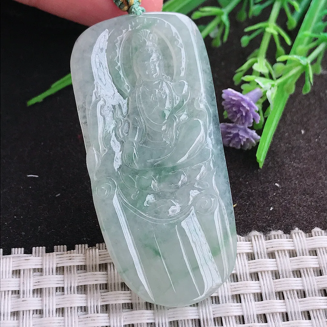 实拍A货翡翠56.3/27/4.3老坑冰胶水灵飘花赐福观音吊坠翡翠挂件