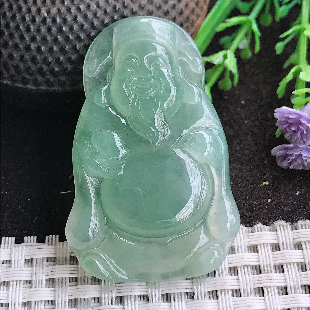 实拍A货翡翠48.5/31.5/5.6老坑冰胶水灵冰晴绿财神爷吊坠翡翠挂件