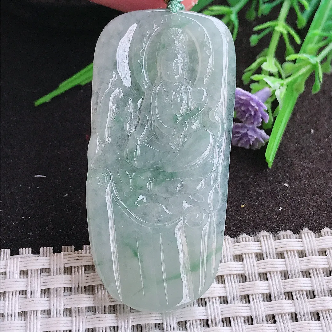 实拍A货翡翠56.3/27/4.3老坑冰胶水灵飘花赐福观音吊坠翡翠挂件
