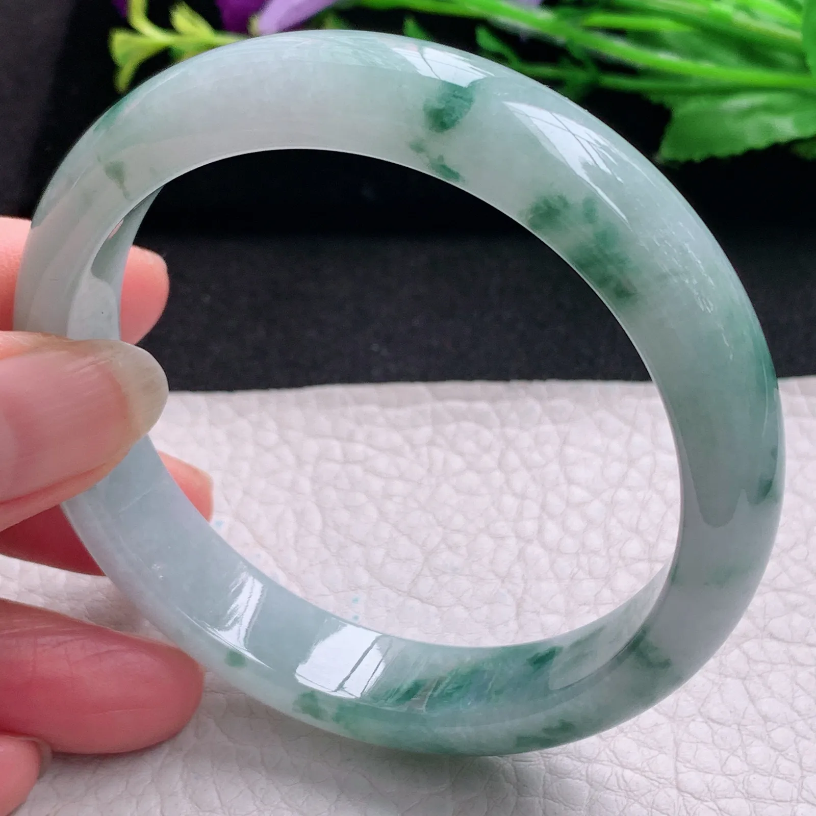 nr大圈口60*13*7.8平安镯 天然缅甸翡翠飘花灵动玉手镯 宽边玉手环