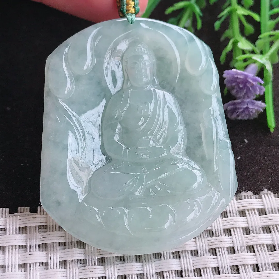 实拍A货翡翠51.2/43.8/4.9老坑冰润起胶冰晴如来佛祖吊坠翡翠挂件