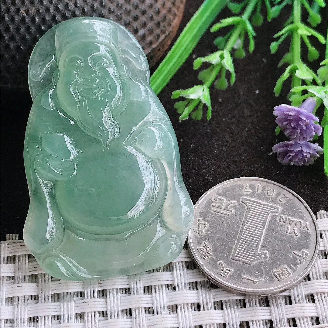 实拍A货翡翠48.5/31.5/5.6老坑冰胶水灵冰晴绿财神爷吊坠翡翠挂件