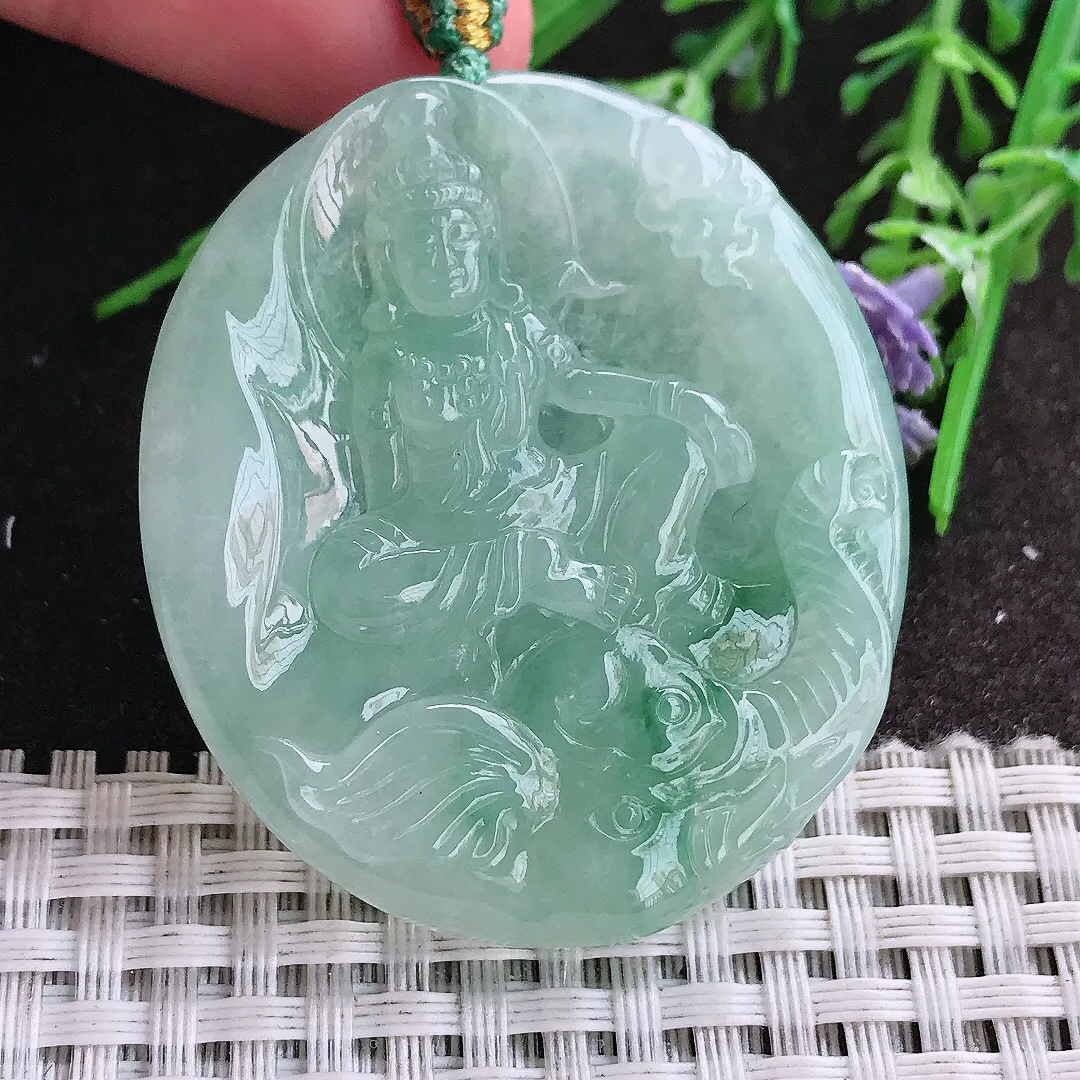 实拍A货翡翠48/42.3/6老坑冰胶水灵冰晴甜绿普贤菩萨吊坠翡翠挂件