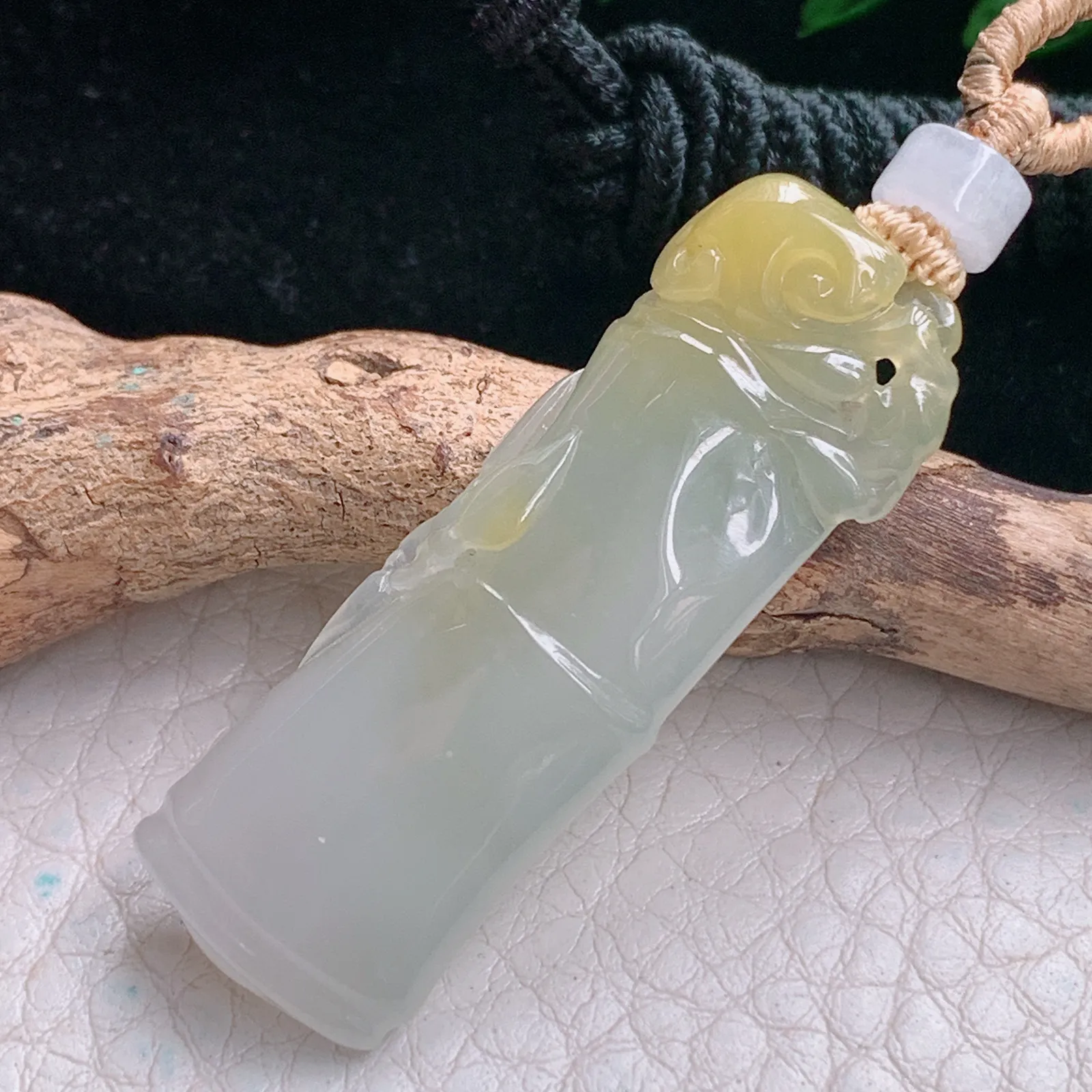 cys实拍43*14.6*6缅甸翡翠精雕冰双彩竹节 节节高玉吊坠 玉挂件