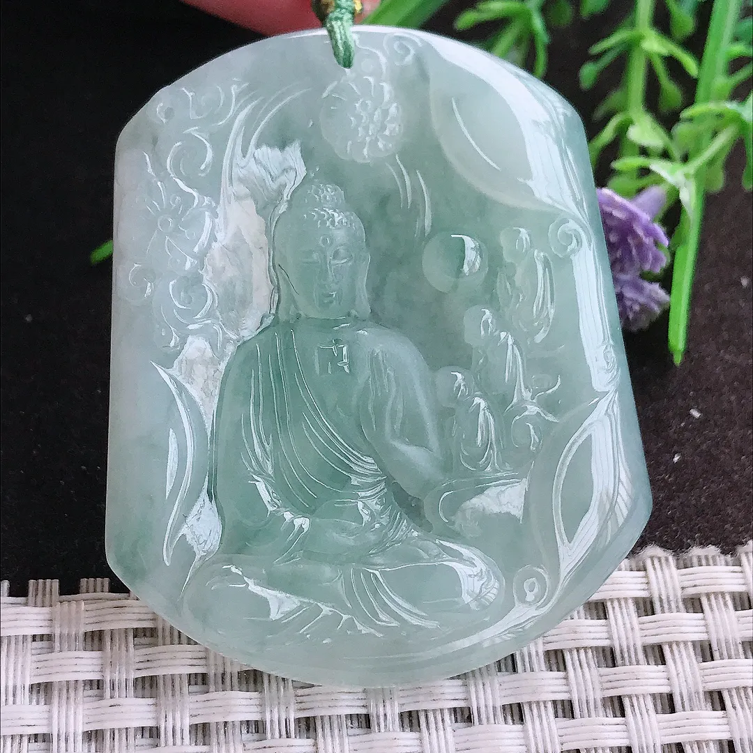 实拍A货翡翠53.5/44.8/5.5老坑冰胶果冻冰晴万佛朝宗阿弥陀佛吊坠翡翠挂件