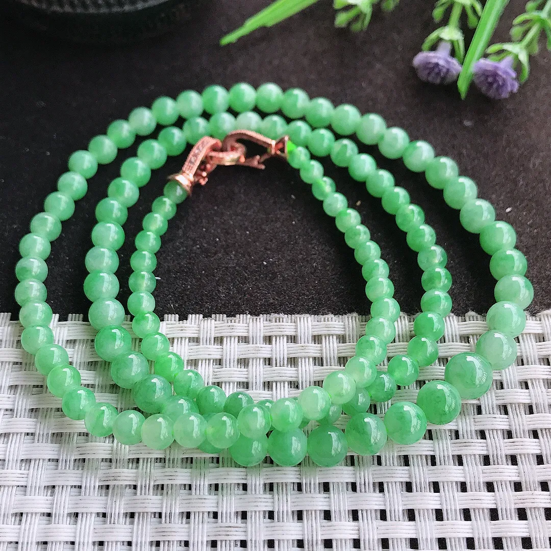 实拍A货翡翠4.1/7.5/113颗老坑冰胶满绿阳绿塔珠项链手链翡翠玉珠圆珠手链