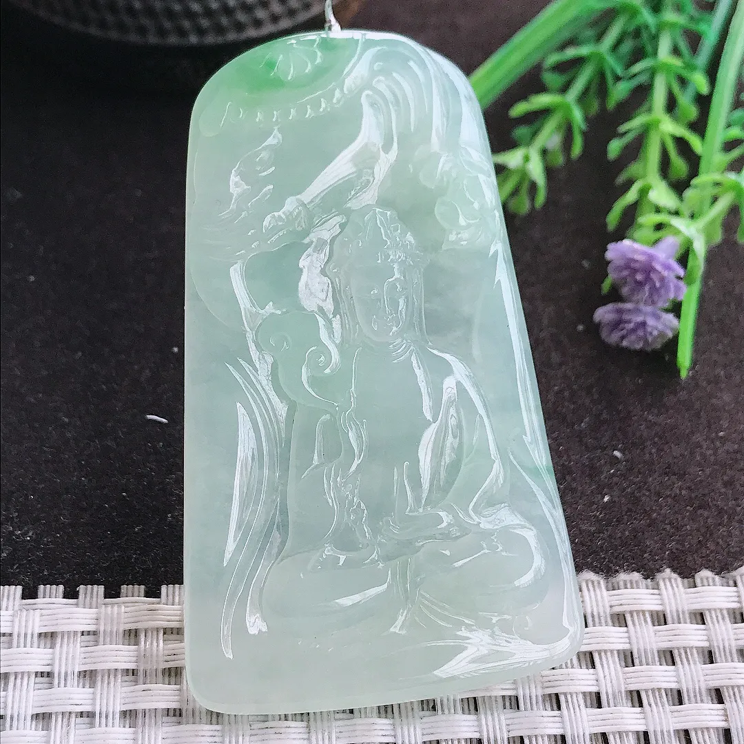 实拍A货翡翠65.5/39/5.9老坑冰胶果冻冰晴甜绿普贤菩萨吊坠翡翠挂件