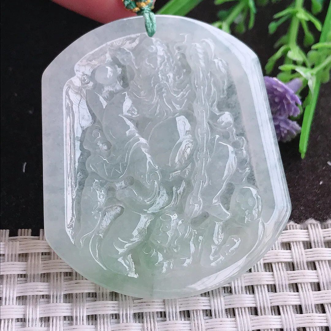 实拍A货翡翠52/45.3/5.2老坑冰胶水灵钟馗伏魔吊坠翡翠挂件