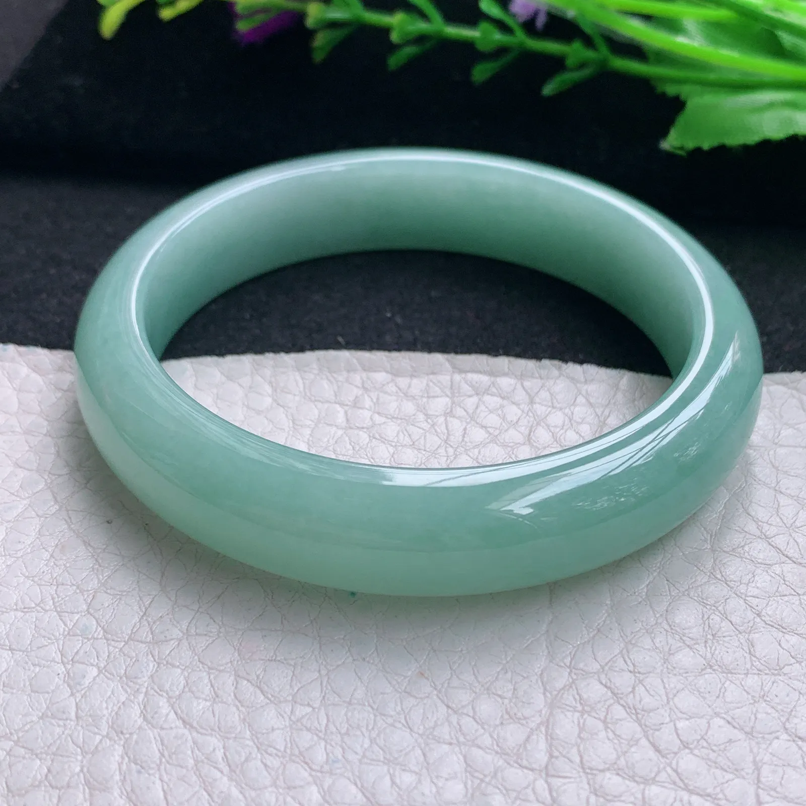 js实拍56*12.5*7.8平安镯 天然缅甸翡翠冰胶蓝韵水润玉手镯 宽边玉手环