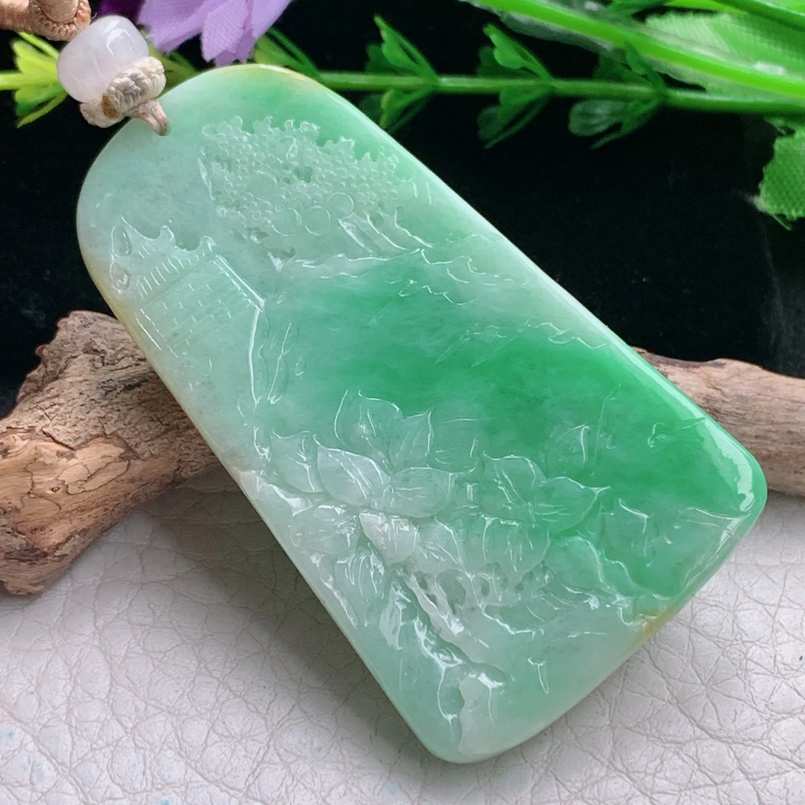 cys实拍56.5*33.5*6.5缅甸翡翠精雕三彩山水 富甲天下玉吊坠