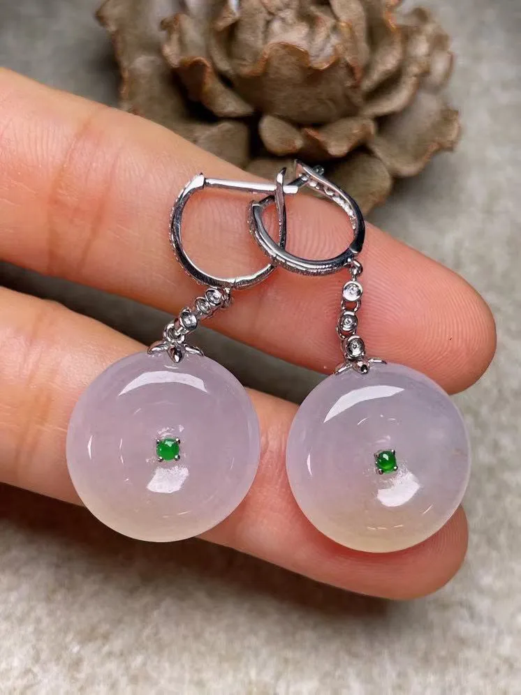 冰种平安扣耳坠、真金真钻镶嵌，种水好，玉质细腻 .裸石尺寸 17.0*