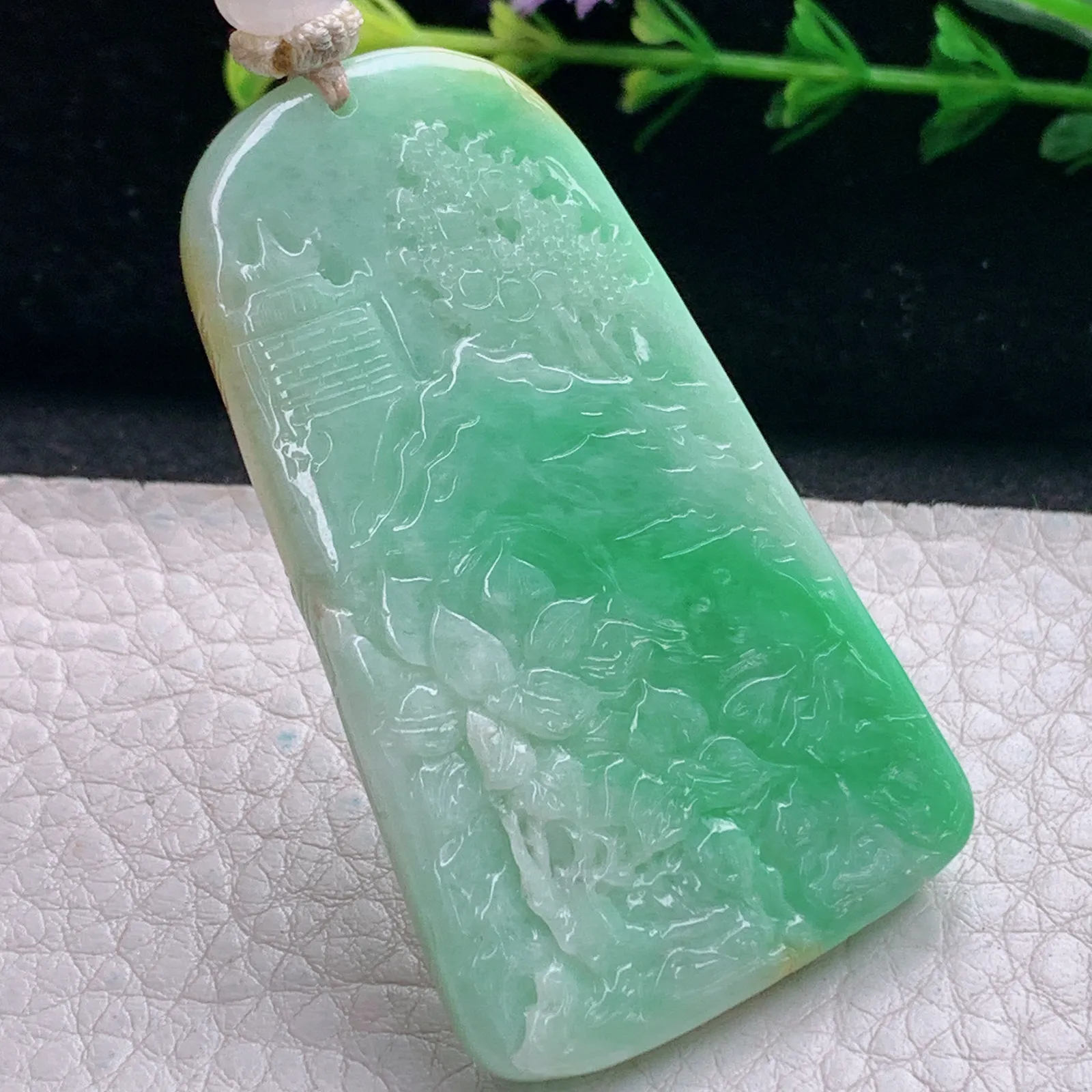 cys实拍56.5*33.5*6.5缅甸翡翠精雕三彩山水 富甲天下玉吊坠