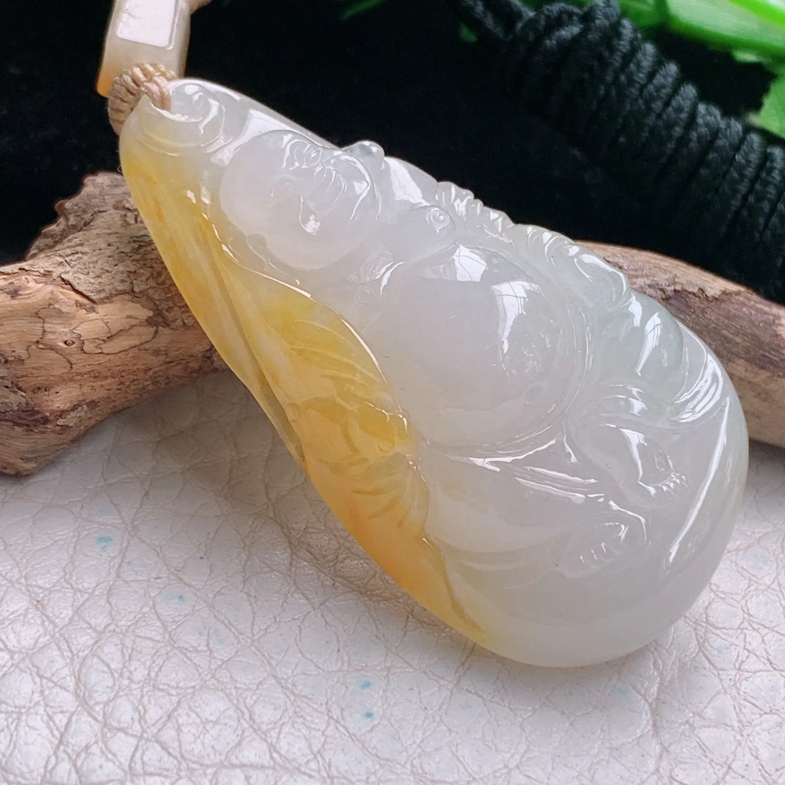 cys实拍48.6*26*9.2缅甸翡翠精雕冰胶双彩逍遥佛 开心佛玉吊坠