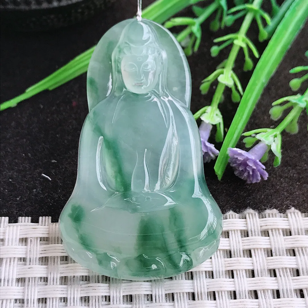 实拍A货翡翠51.5/33/5.8老坑冰种果冻胶冰飘花素衣观音吊坠翡翠玉观音挂件