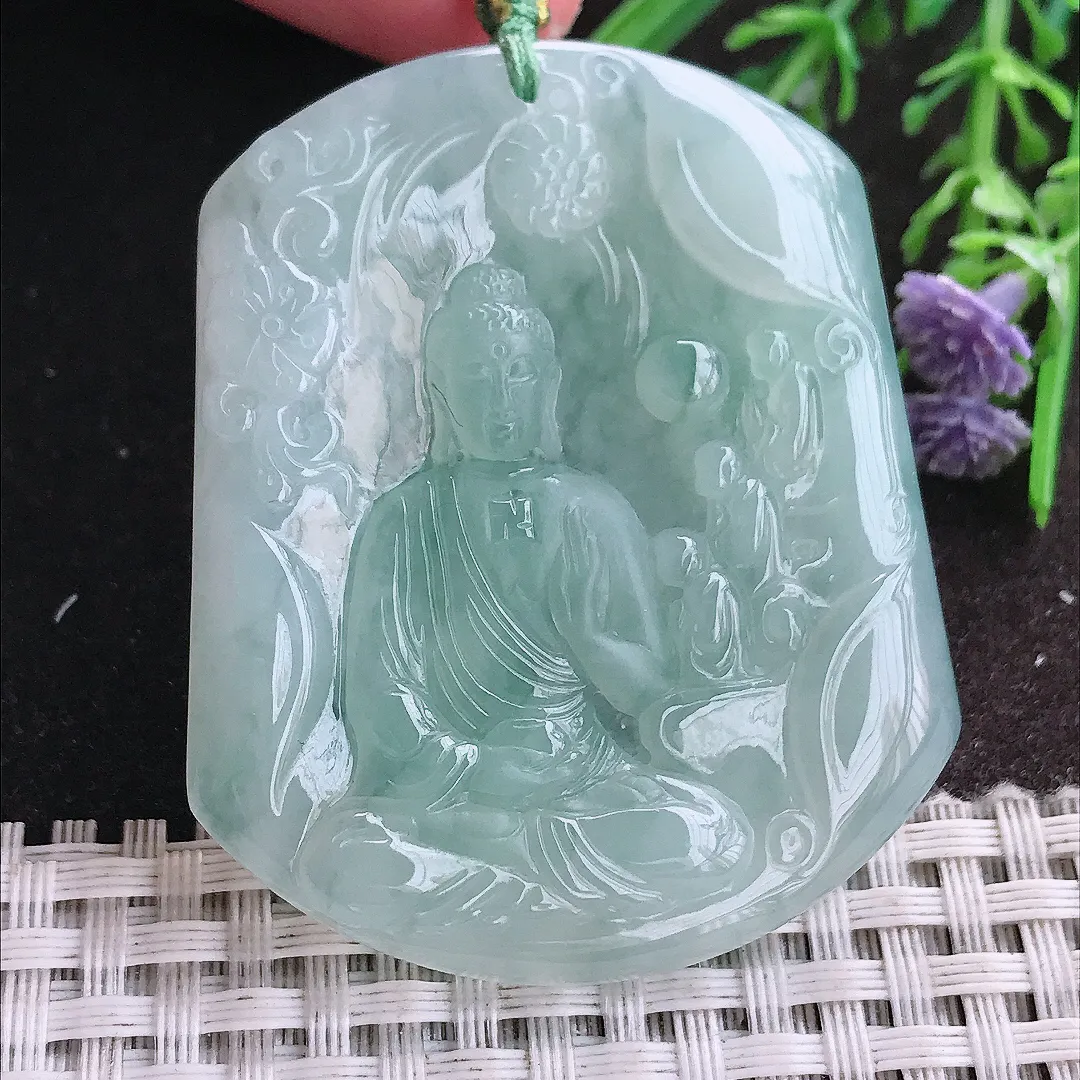 实拍A货翡翠53.5/44.8/5.5老坑冰胶果冻冰晴万佛朝宗阿弥陀佛吊坠翡翠挂件