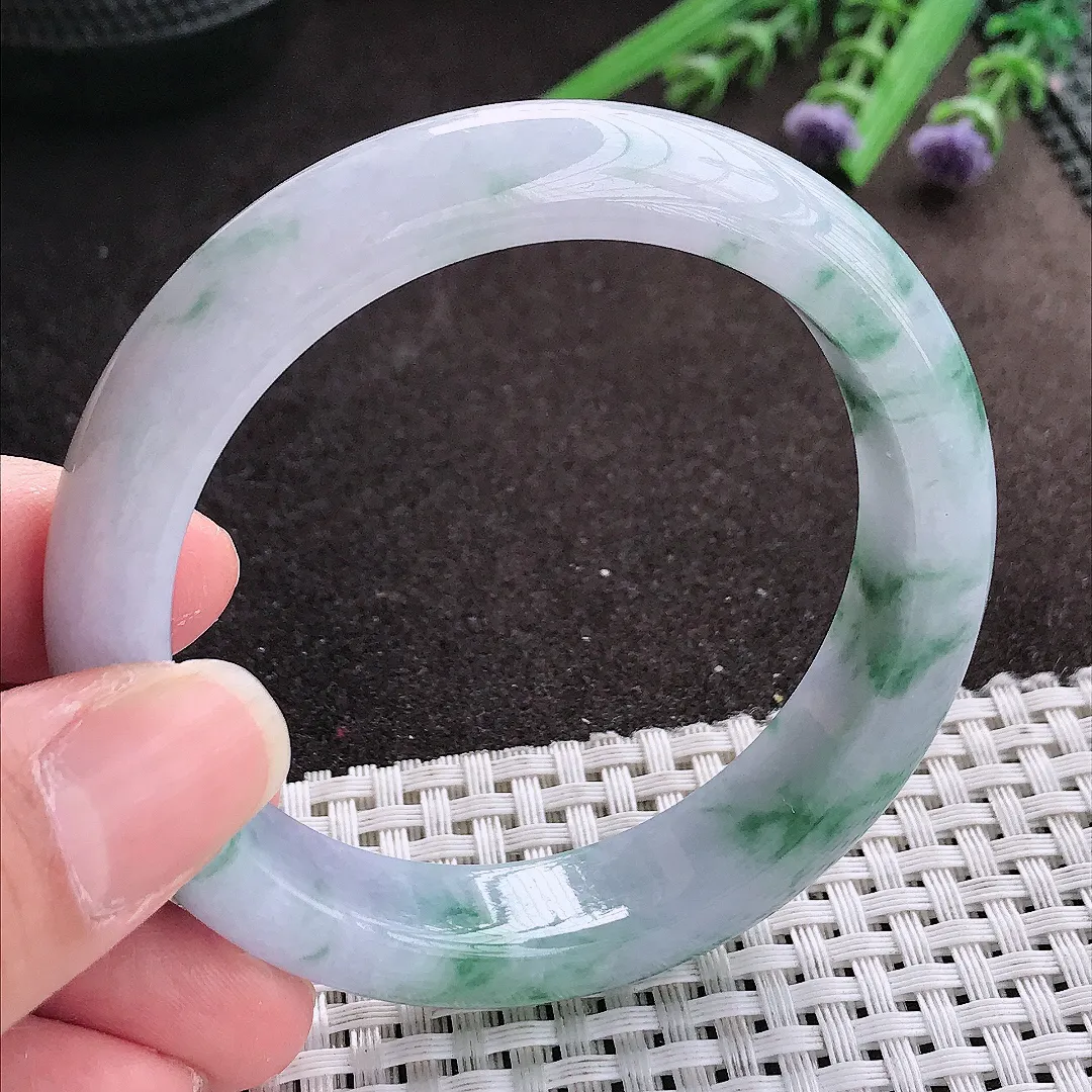 实拍A货翡翠56/13.2/8.5老坑冰胶水灵紫罗兰飘花手镯宽边翡翠玉镯女款
